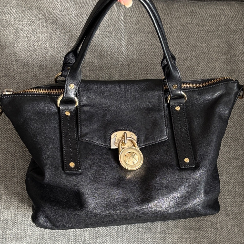 Michael Kors Black Leather Satchel with Gold Padlock Accent